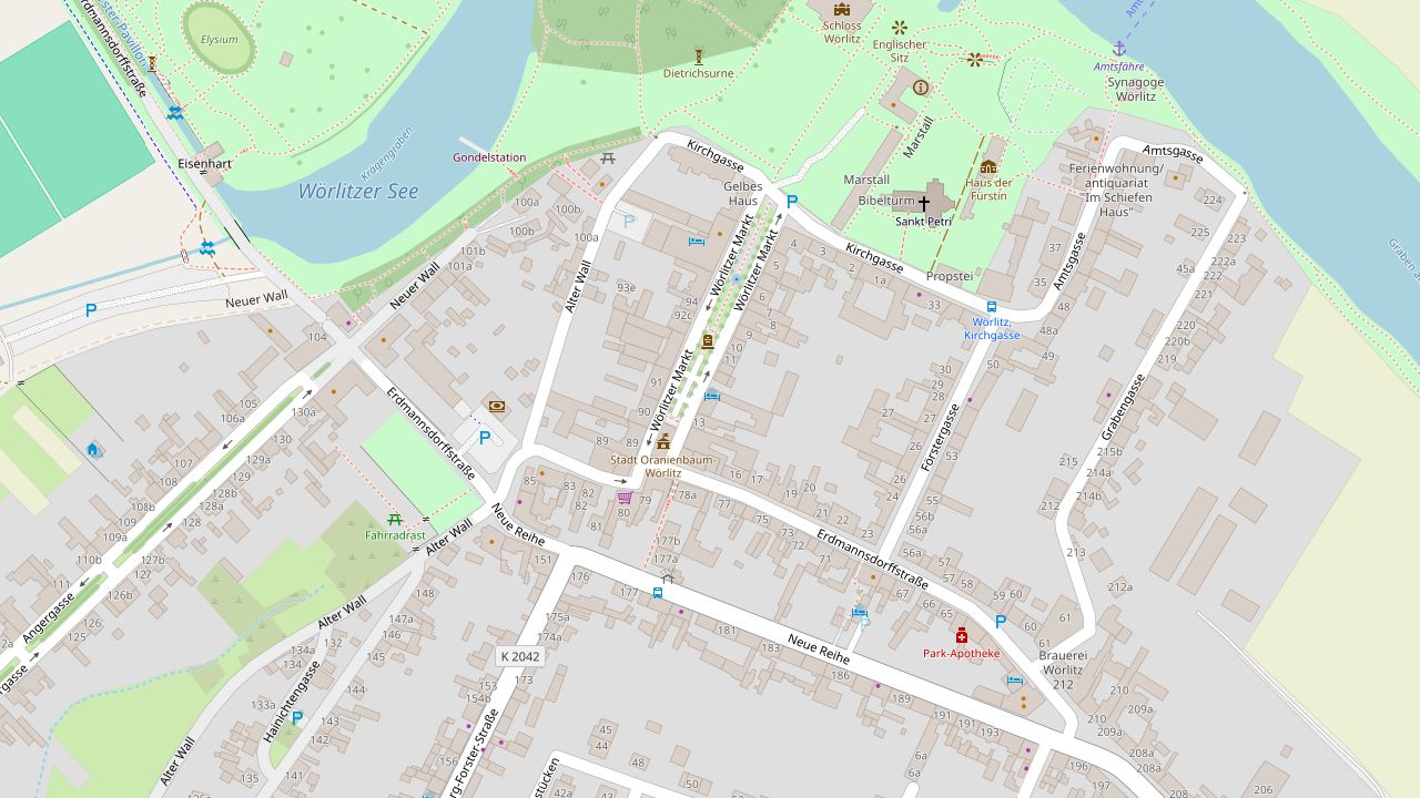 Stadtplan von Wörlitz: Die Pension liegt am Wörlitzer Markt, nördlich davon beginnen der Wörlitzer See und die Parkanlagen mit dem Schloss.
